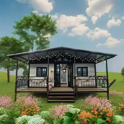 Double-story duplex container house by BACKUPMYFILESNOW.COM® featuring 2-5 bedrooms, kitchen, and bathroom in a luxury prefabricated villa.