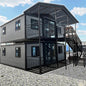 Double-story duplex container house with modern design, featuring multiple bedrooms, kitchen, and bathroom in a luxury prefabricated villa.