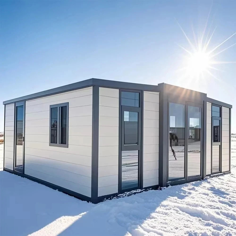 Double-story duplex container house by BACKUPMYFILESNOW.COM® with 2-5 bedrooms, kitchen, and bathroom in a modern prefabricated design.