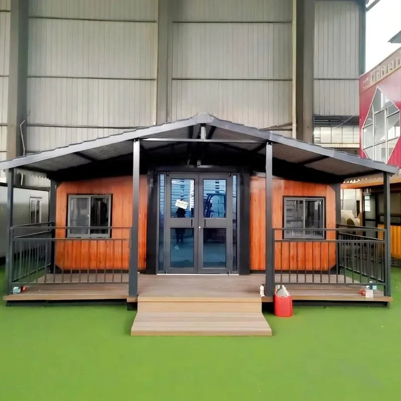 Double-story duplex container house by BACKUPMYFILESNOW.COM® featuring 2-5 bedrooms, kitchen, and bathroom in a luxury prefabricated villa.