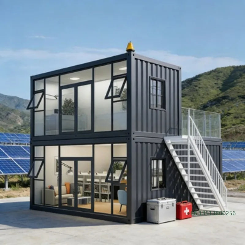 Double-story duplex container house with modern design, featuring 2-5 bedrooms, kitchen, and bathroom in a luxury prefabricated villa.