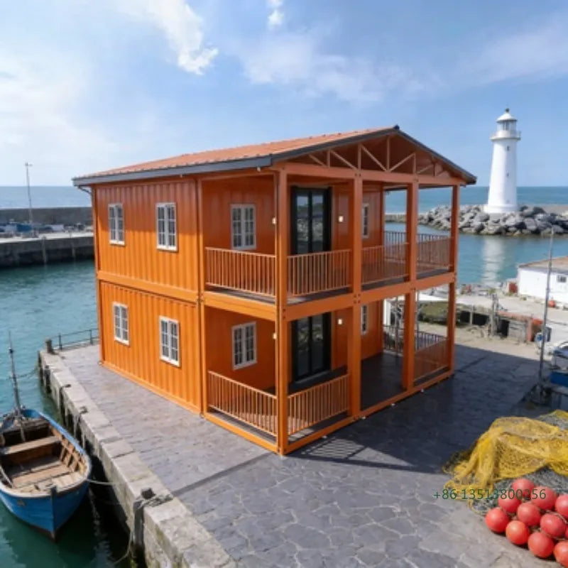 Double-story duplex container house by BACKUPMYFILESNOW.COM®, luxury prefabricated villa with 2-5 bedrooms, kitchen, and bathroom.