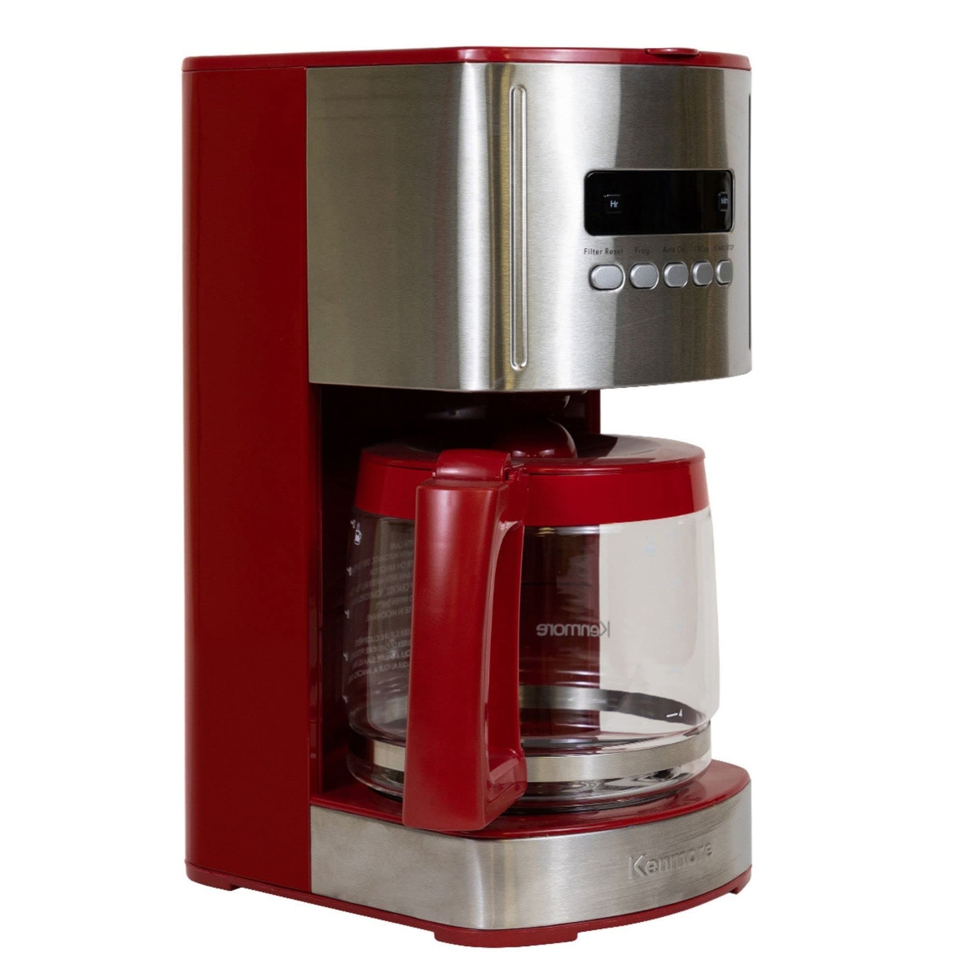 Kenmore 12-cup drip coffee maker with stainless steel and red accents, digital display, glass carafe, reusable filter, and aroma control.