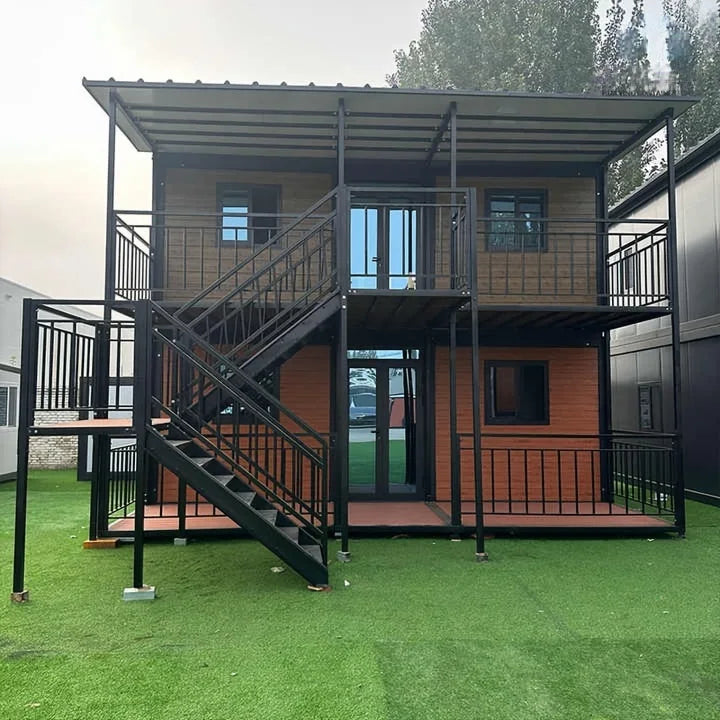 Modular tiny house with steel structure, two-storey prefab luxury villa, built for fast installation and modern living comfort.