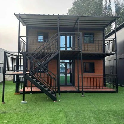 Modular tiny house with steel structure, two-storey prefab luxury villa, built for fast installation and modern living comfort.
