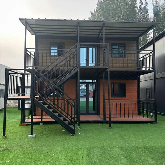 Modular tiny house with steel structure, two-storey prefab luxury villa, built for fast installation and modern living comfort.