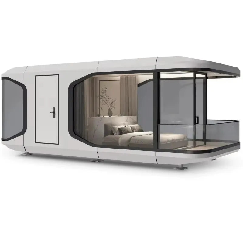 Two-storey luxury modular tiny house with steel frame, prefabricated design, featuring modern architecture and large windows.