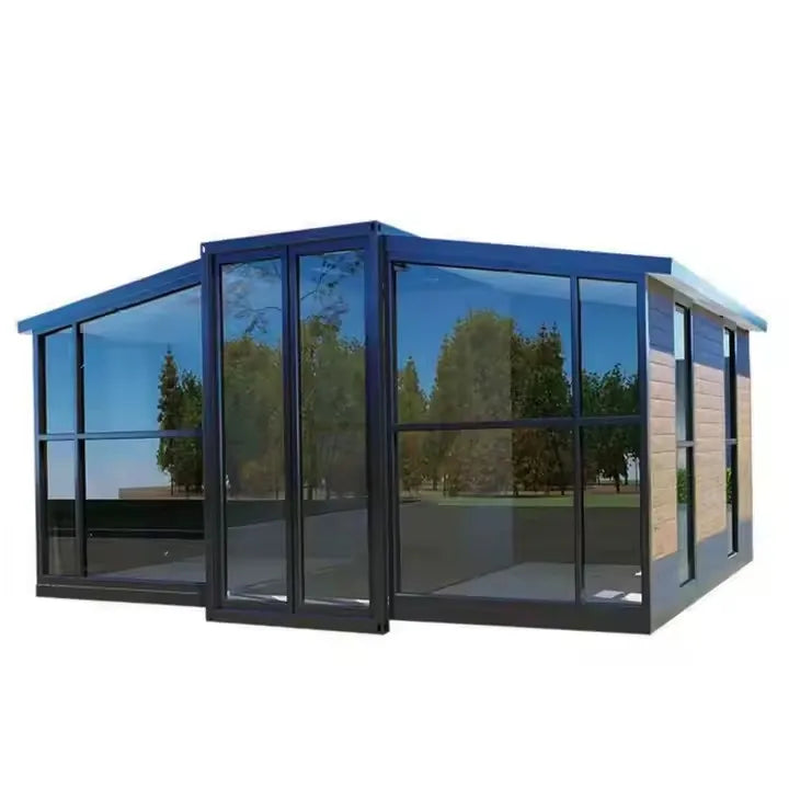 Two-story luxury modular tiny house with steel structure, prefabricated design, and modern container house appearance.