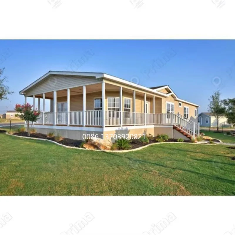 Two-story modular tiny house with steel structure, prefabricated luxury villa design, featuring modern windows and a sleek exterior.