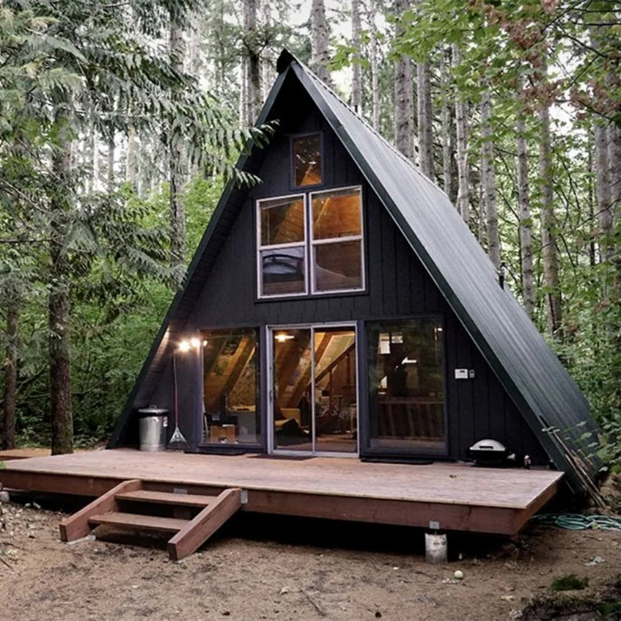 Modern triangle A-frame wooden cabin by BACKUPMYFILESNOW.COM®, 40ft prefab modular tiny house with fast assembly for holiday and residential use.