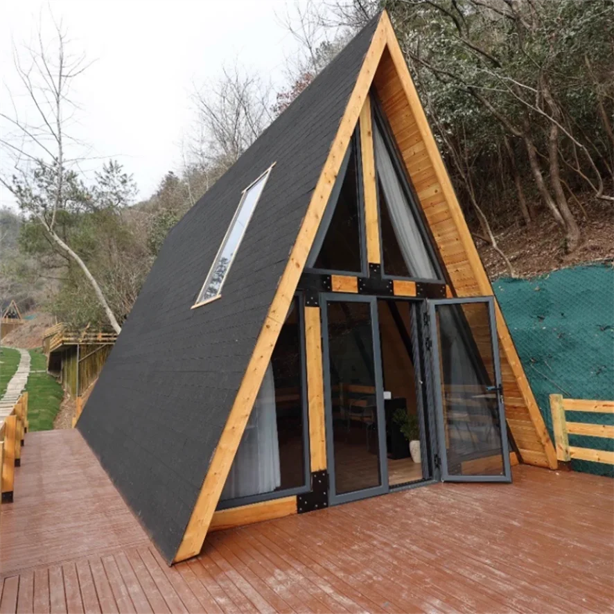 Modern A-frame wooden tiny house by BACKUPMYFILESNOW.COM® with triangle design, prefab kit, fast assembly, for holiday parks and glamping.