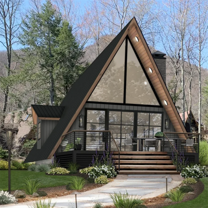 Modern triangle A-frame wooden cabin prefab kit by BACKUPMYFILESNOW.COM® for modular tiny house, holiday park, and glamping site use.