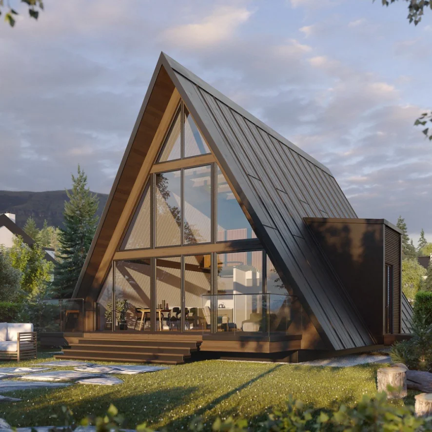 Modern triangle A-frame wooden tiny house by BACKUPMYFILESNOW.COM®, prefab kit with fast assembly for holiday parks and residential use.