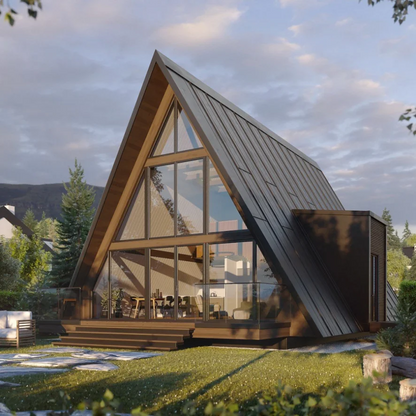 Modern triangle A-frame wooden tiny house by BACKUPMYFILESNOW.COM®, prefab kit with fast assembly for holiday parks and residential use.