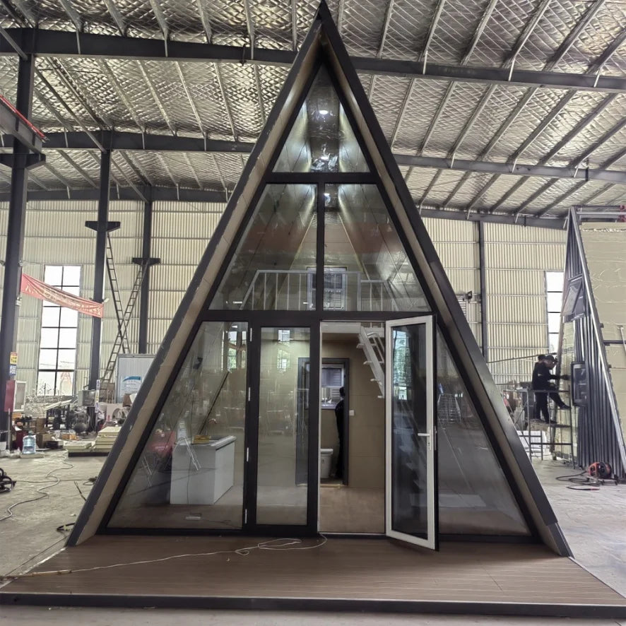 Modern A-frame wooden tiny house cabin by BACKUPMYFILESNOW.COM®, modular design, quick assembly, for holiday park or residential use.