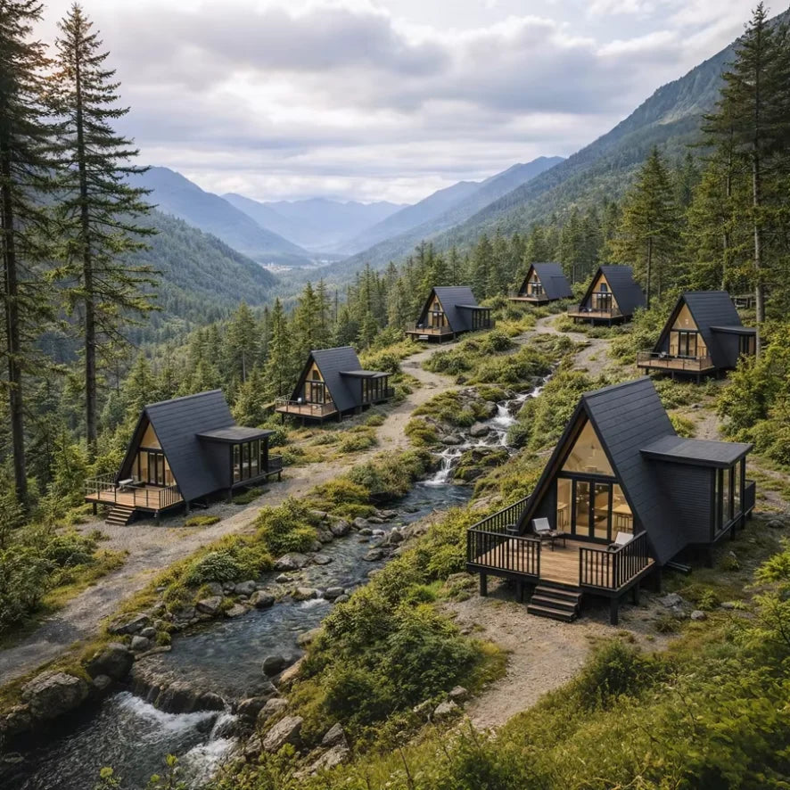 Modern triangle A-frame wooden cabin by BACKUPMYFILESNOW.COM®, prefab modular tiny house for holiday parks and glamping sites.