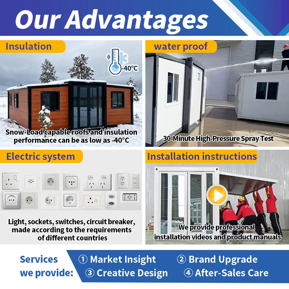 Customized 20/40ft shipping container modular tiny house by BACKUPMYFILESNOW.COM®, featuring a terrace, foldable design, and multiple beds.