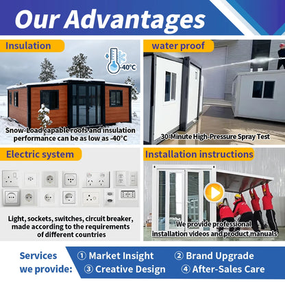Customized 20/40ft shipping container modular tiny house by BACKUPMYFILESNOW.COM®, featuring a terrace, foldable design, and multiple beds.