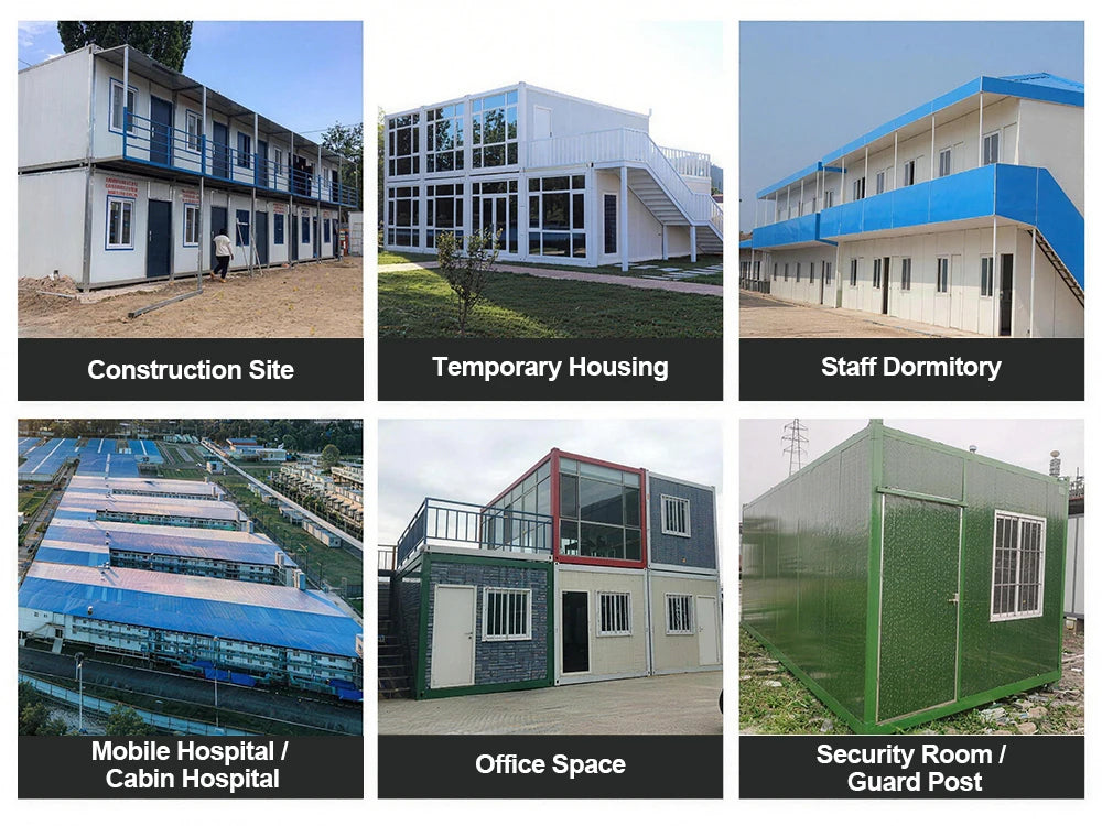 Modular tiny house with 40 ft and 30 ft expandable container sections, featuring metal exterior and large windows.