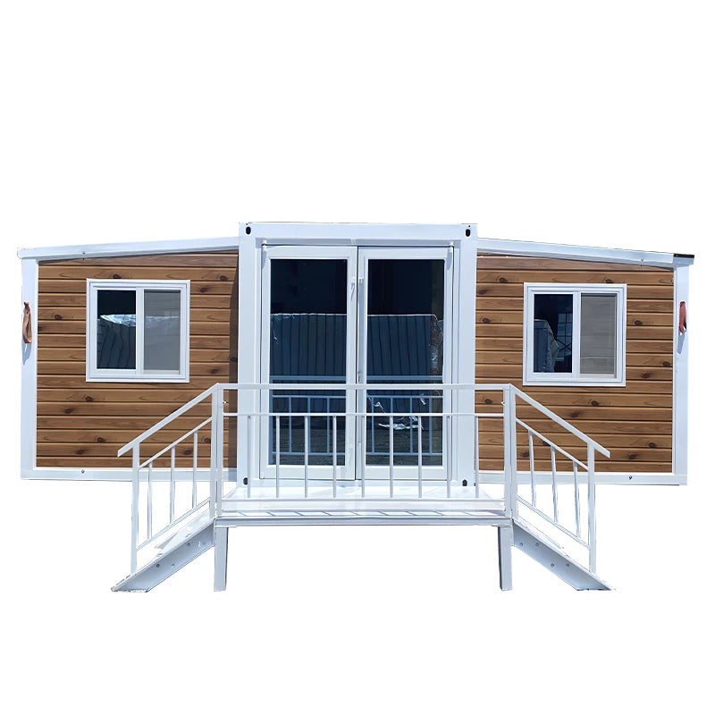 Prefab steel container expandable tiny house by BACKUPMYFILESNOW.COM®, featuring a 30ft modular design for office or farm use.