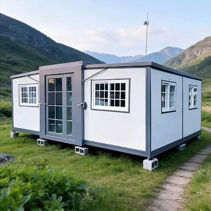 Prefab steel container modular tiny house by BACKUPMYFILESNOW.COM®, featuring a 30ft expandable home with office and farm house design.