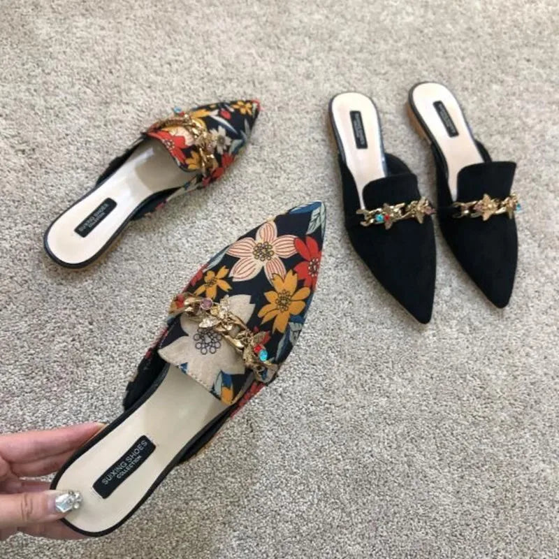 Brand Designer Women's floral embroidered slippers with metal chains, closed toe flats, low heels, and slide sandals.