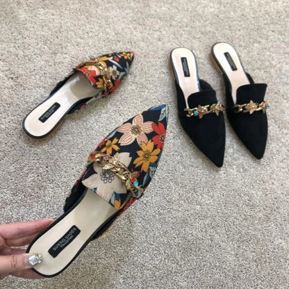 Brand Designer Women's floral embroidered slippers with metal chains, closed toe flats, low heels, and slide sandals.