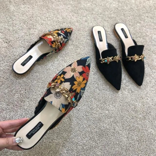 Brand Designer Women's floral embroidered slippers with metal chains, closed toe flats, low heels, and slide sandals.