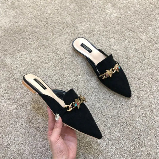Elegant women's designer slippers with floral embroidery, metal chains, closed toe, flats, and low heels from BackupMyFilesNow.com.