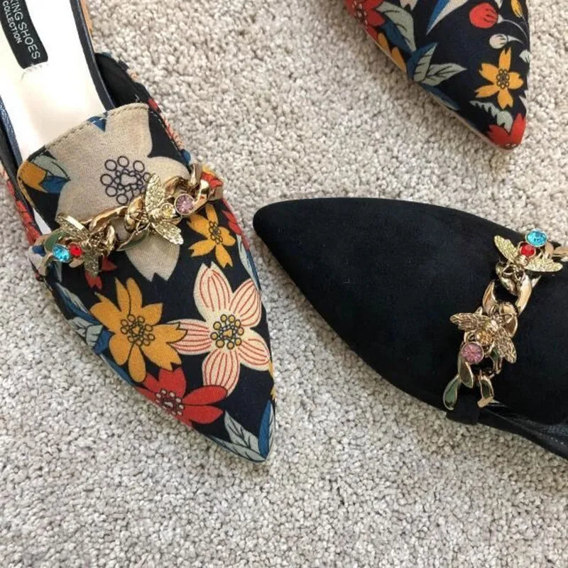 Brand Designer women's floral embroidered slippers with metal chains, closed toe slides, flip flops, flats, and low heels.