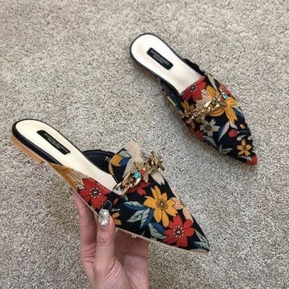 Brand Designer women's floral embroidery slippers with metal chains, closed toe sandals, flats, low heels, and slide style.
