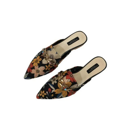 Embroidered floral designer slippers for women with metal chains, closed toe flats, low heels, and slide sandals.