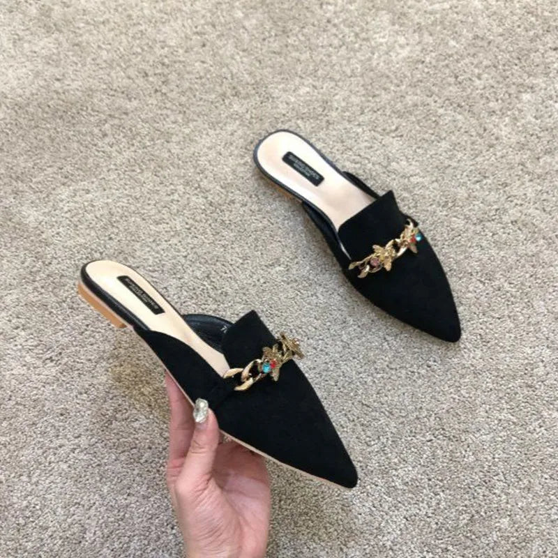 Designer women's floral embroidered slippers with metal chains, closed toe sandals, flip flops, flats, and low heel slides.