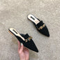 Designer women's floral embroidered slippers with metal chains, closed toe sandals, flip flops, flats, and low heel slides.