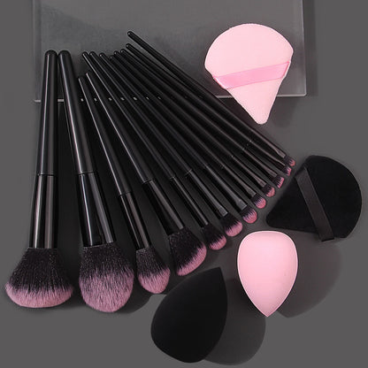 Set of 12 high-quality soft makeup brushes, 4 beauty eggs, and a triangular powder puff for professional, portable beauty application.