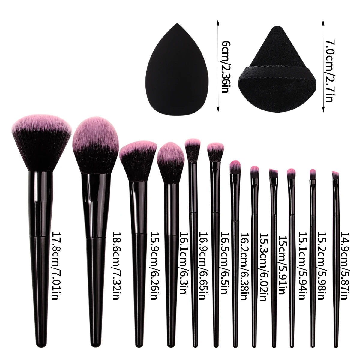 Set of 12 soft makeup brushes, 4 beauty eggs, and triangular powder puff, all portable and high-quality for professional makeup application.
