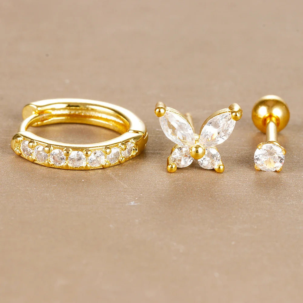 Europe and America cross-border 18K gold earring set with three fashion zircon ear drops, stylish jewelry for women.