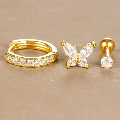 Europe and America cross-border 18K gold earring set with three fashion zircon ear drops, stylish jewelry for women.