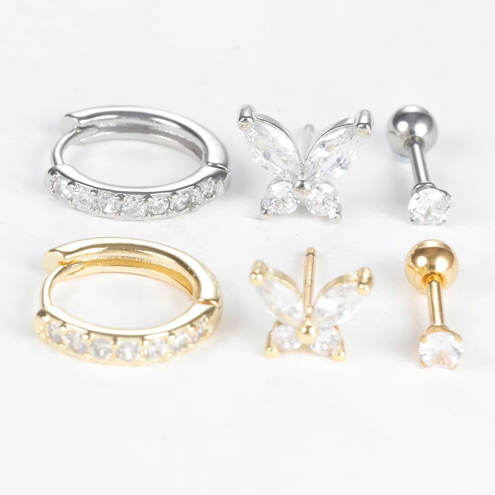 Three-piece gold earring set with zircon accents featuring Europe and America cross-border design, stylish eardrop jewelry.