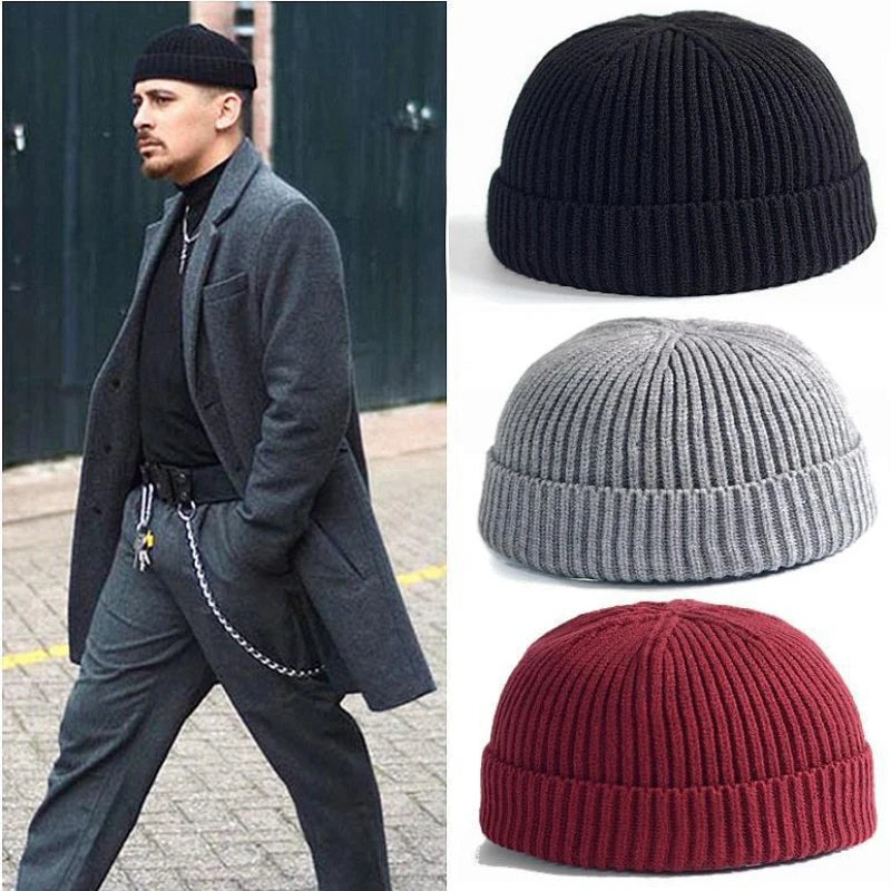 Wool knitted beanie cap for men and women, solid color, warm, stylish skullies and beanies for autumn and winter.