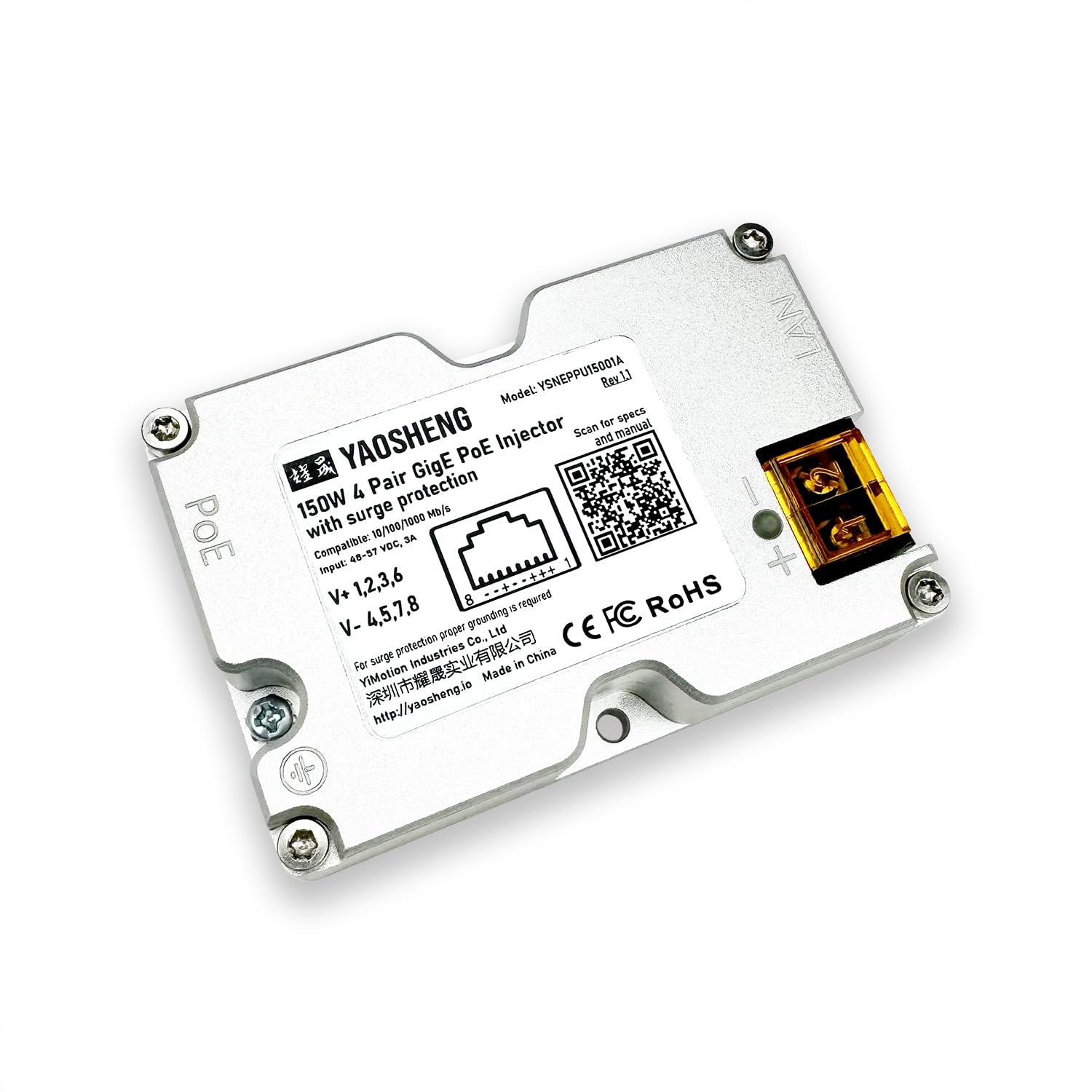 150W GigE Passive PoE Injector with Surge Protection for Starlink, featuring compact design and clear port connections.