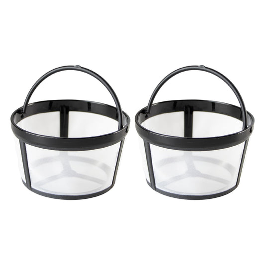 Two reusable nylon mesh coffee filters with handles for 4-8 cup coffee makers, compatible with Mr. Coffee brewers.
