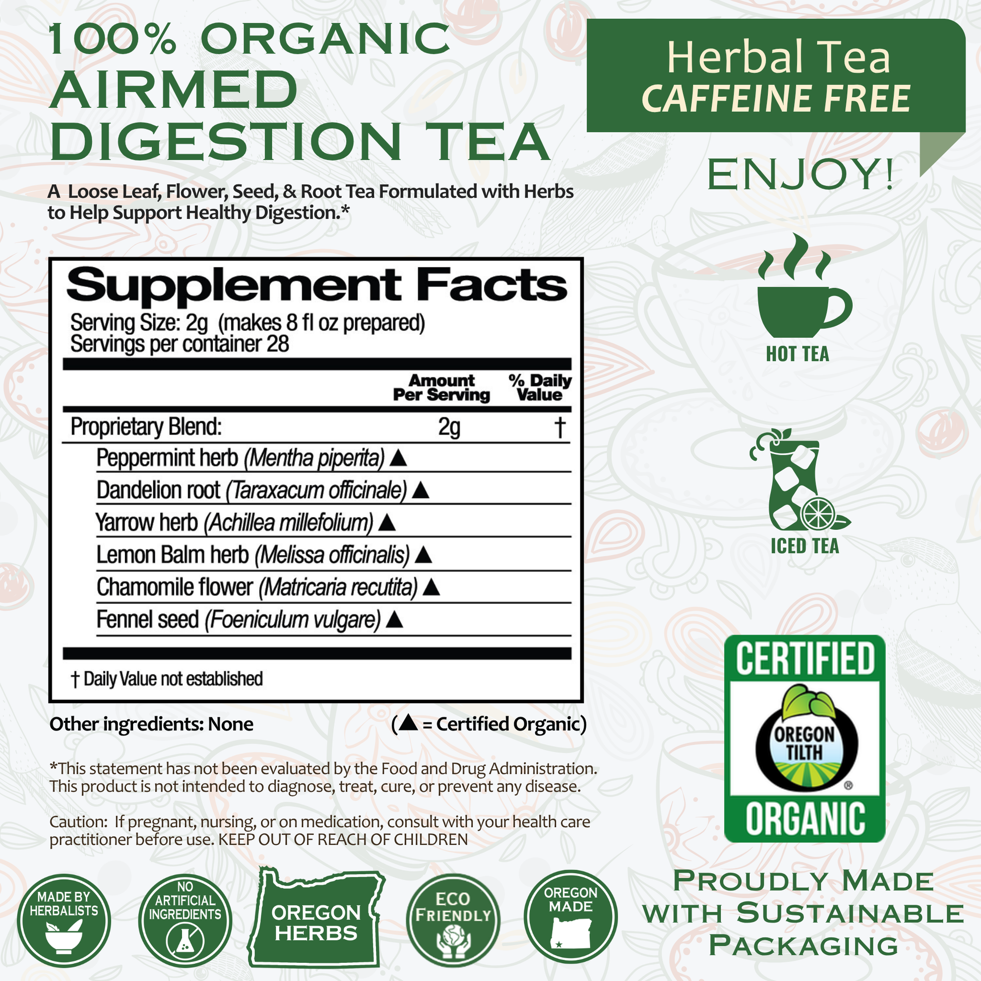 Airmed Digestion Organic Herbal Tea by BACKUPMYFILESNOW.COM® in a herbal tea box with fresh herbs and tea bags visible.