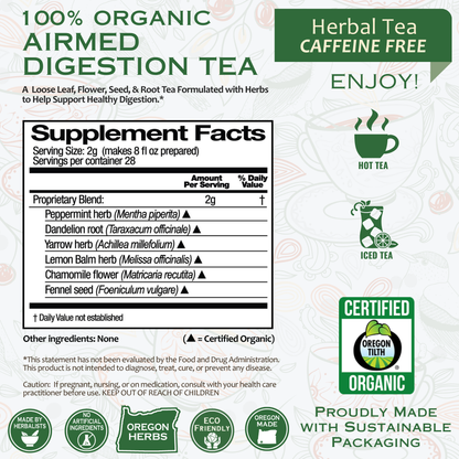 Airmed Digestion Organic Herbal Tea by BACKUPMYFILESNOW.COM® in a herbal tea box with fresh herbs and tea bags visible.