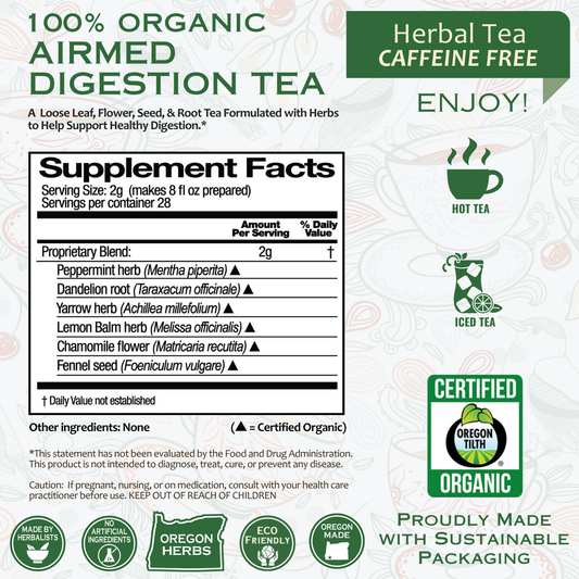 Airmed Digestion Organic Herbal Tea by BACKUPMYFILESNOW.COM® in a herbal tea box with fresh herbs and tea bags visible.