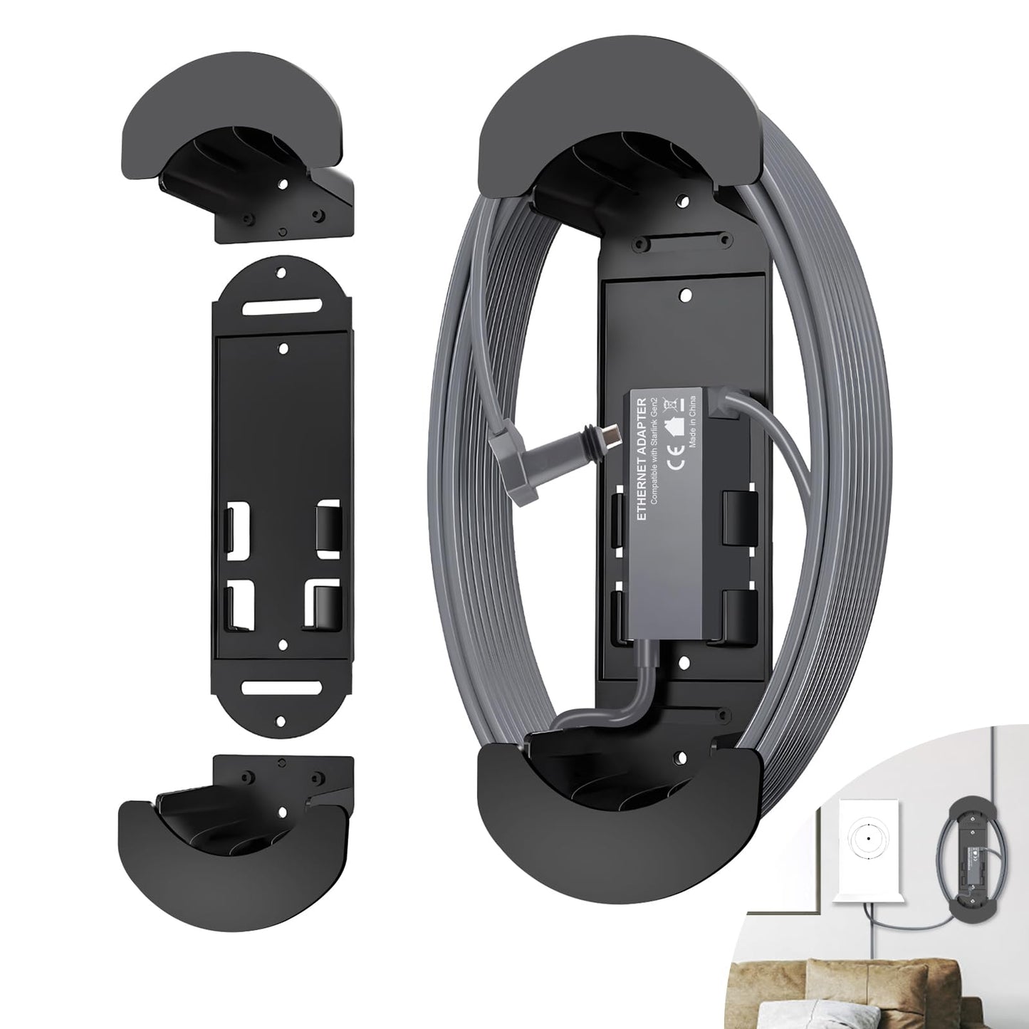 Aojo Starlink Ethernet cable caddy and adapter holder with cable management spool for 6ft to 150ft Starlink cables.