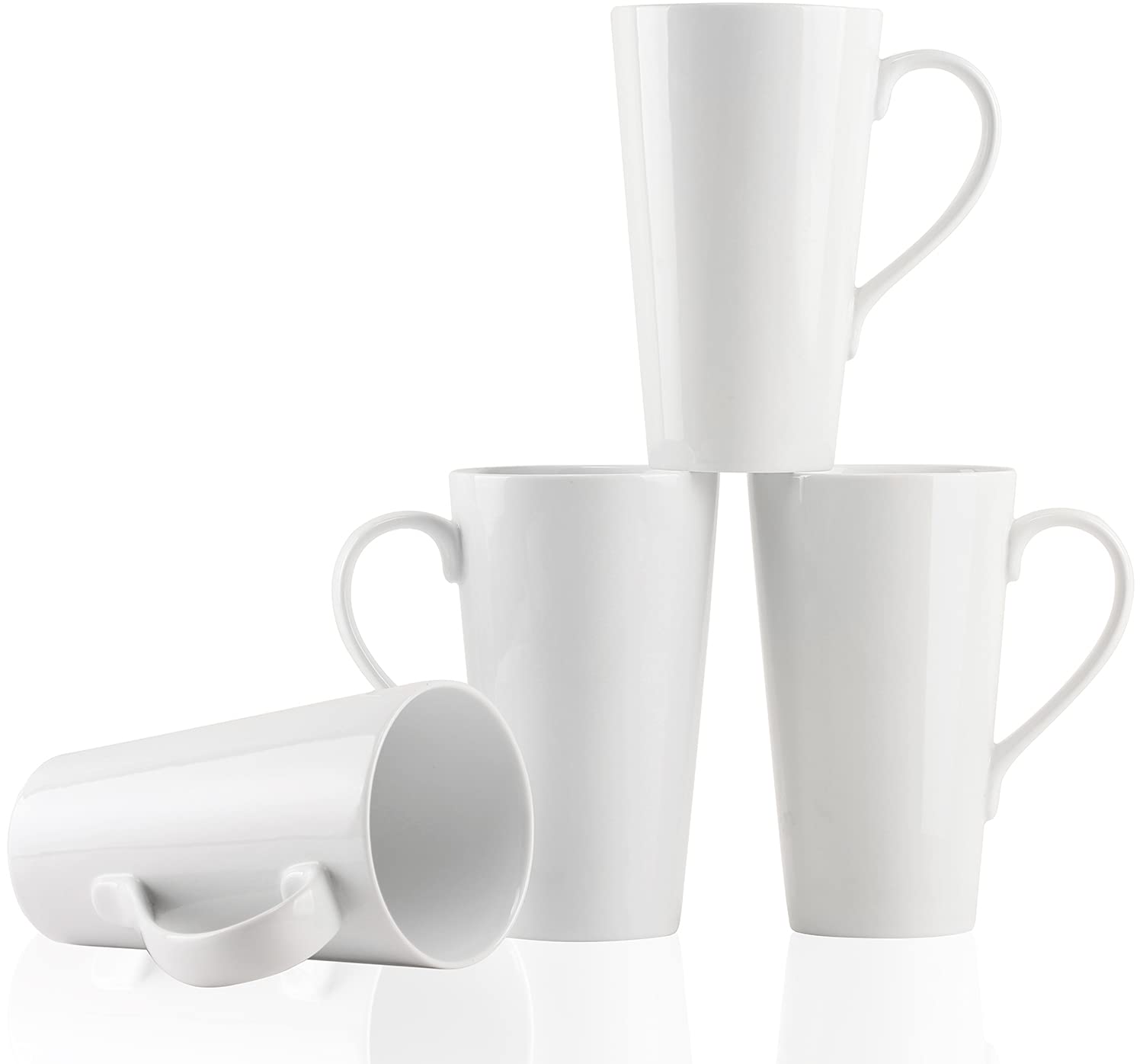 Set of four large white coffee mugs, 16 oz, with handles, ideal for coffee, tea, cocoa, latte, and milk drinks.