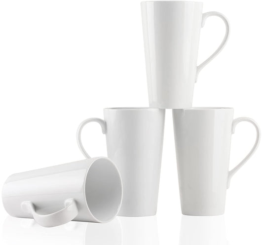 Set of four large white coffee mugs, 16 oz, with handles, ideal for coffee, tea, cocoa, latte, and milk drinks.