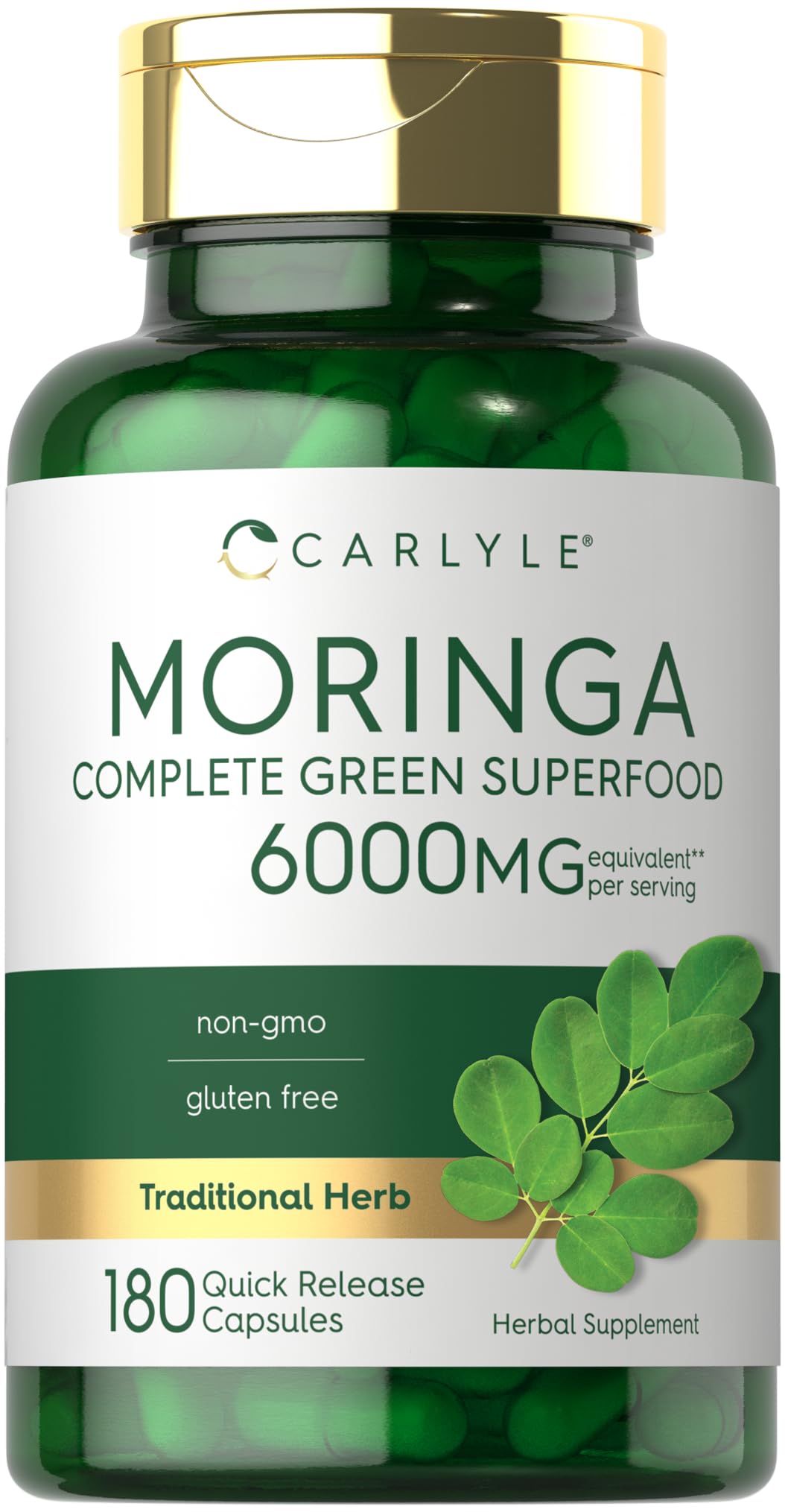 Carlyle Moringa Oleifera capsules, non-GMO and gluten-free green superfood supplement from Moringa leaf powder, 180 capsules displayed.
