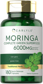 Carlyle Moringa Oleifera capsules, non-GMO and gluten-free green superfood supplement from Moringa leaf powder, 180 capsules displayed.